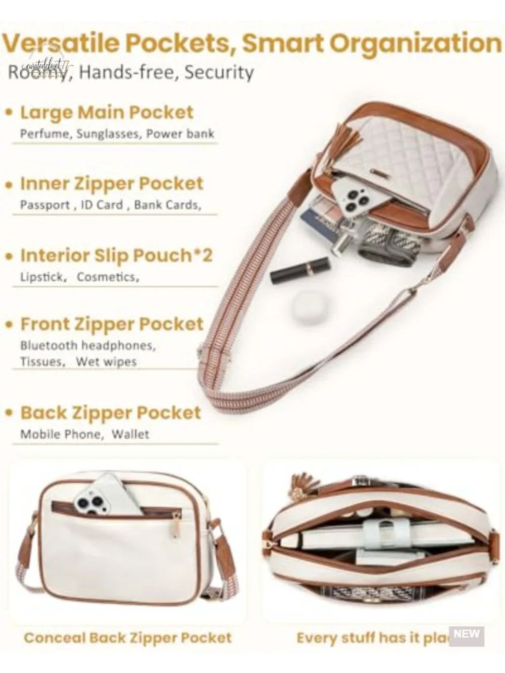 Quilted Vegan Leather Crossbody Bag with Adjustable Strap, Travel Purse